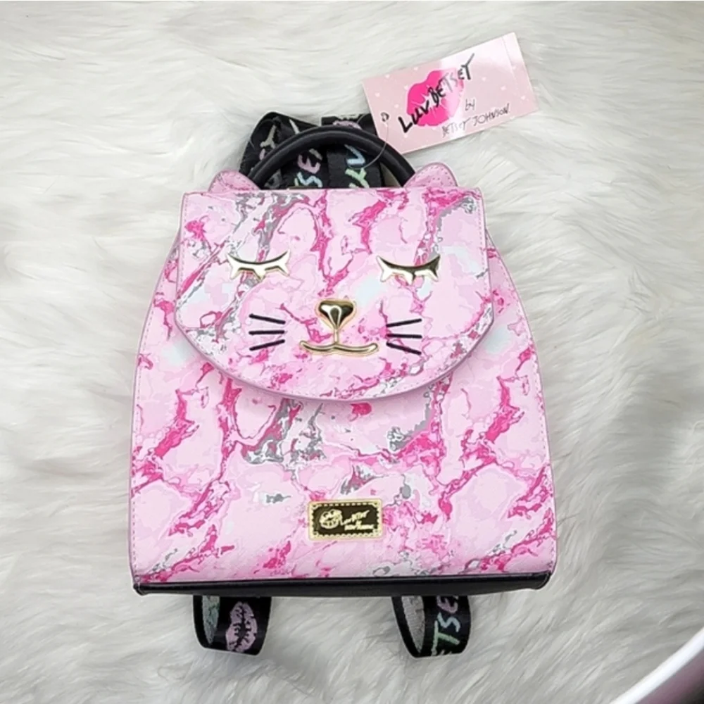 Betsey Johnson Pink Marbled Cat Design Backpack Purse